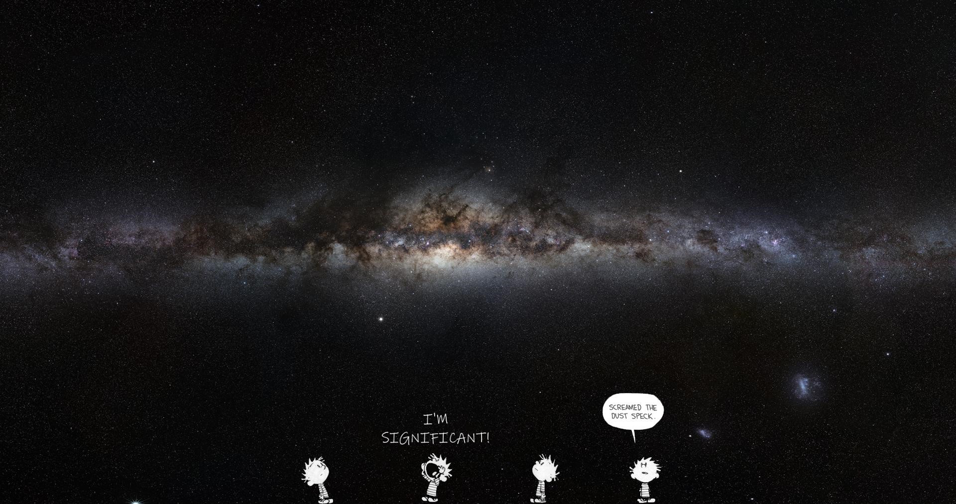 Photograph of the milky way and an illustration of Calvin from 'Calvin and Hobbes' looking at it. Blending the Significant Dust Speck comic strip.